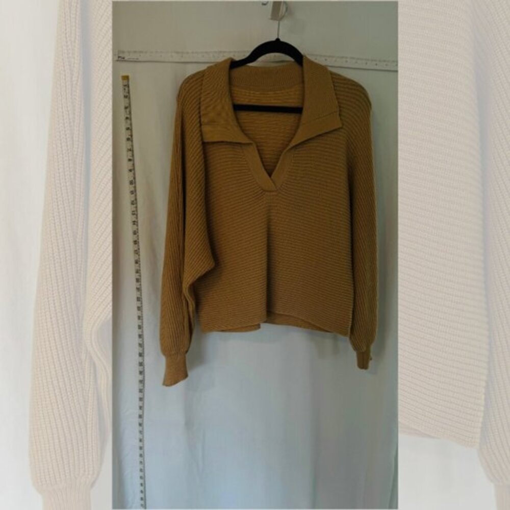 Womens Size 14 Collar V-Neck Long Sleeve Knitted Ribbed Pullover Sweater Brown